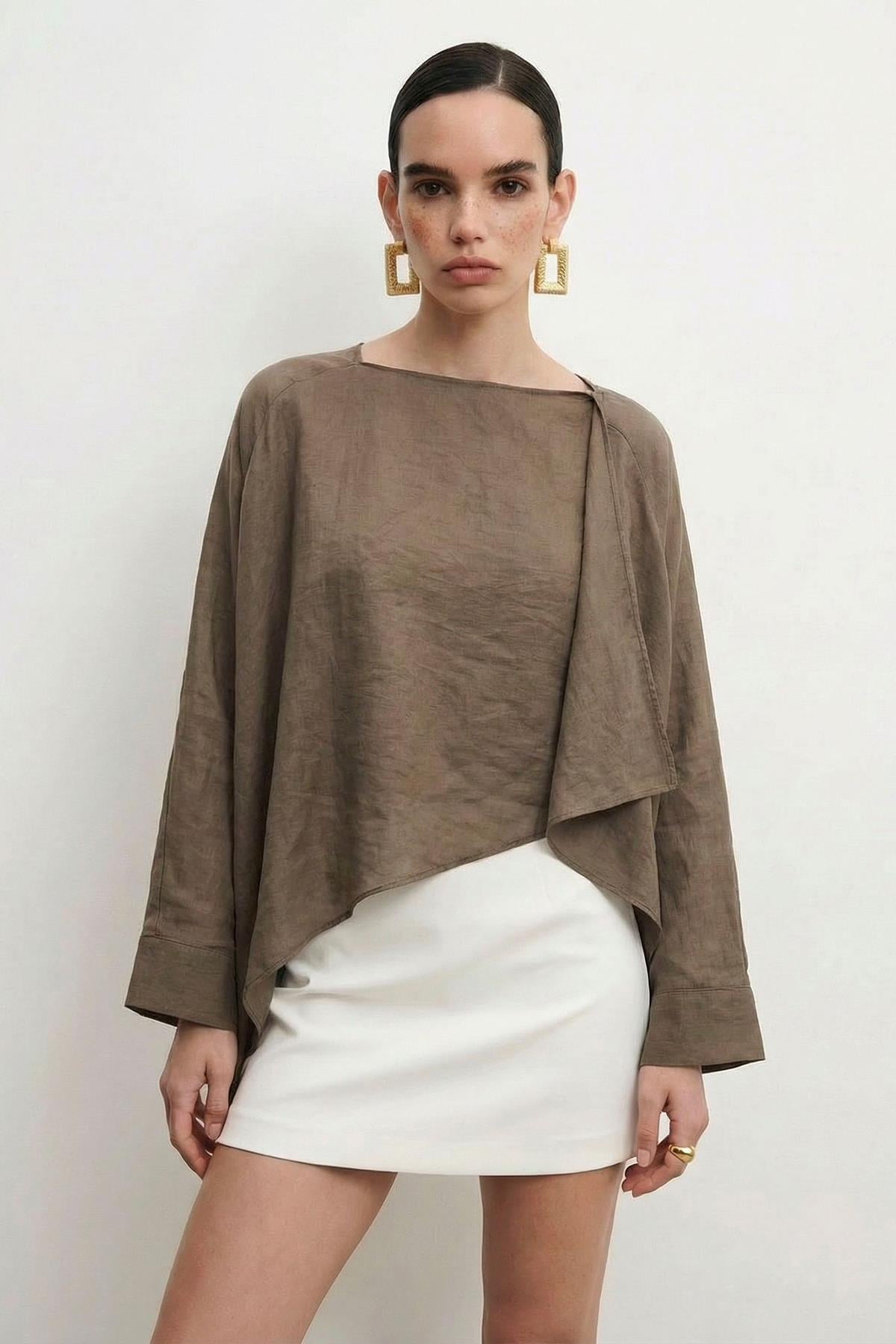 Kadın Uçuşan Pelerin Model Bluz - KAHVE