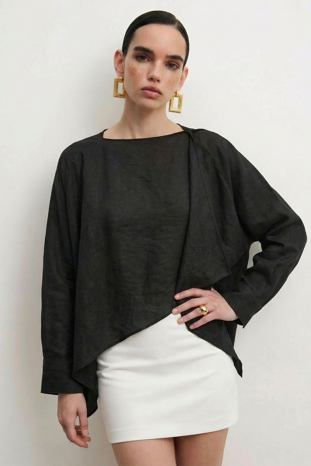 Kadın Uçuşan Pelerin Model Bluz - SİYAH