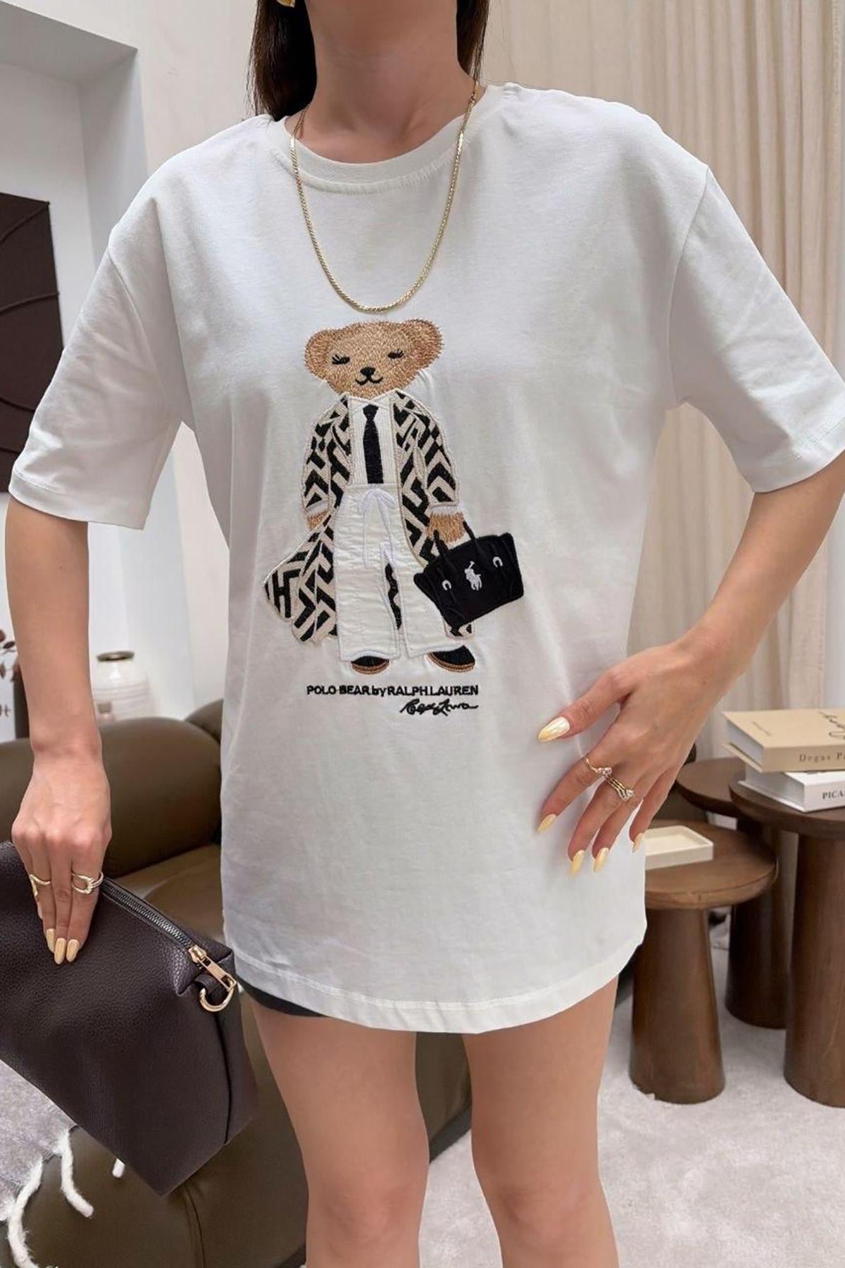 Kayon Teddy Ayıcık Nakışkı Tshirt - EKRU