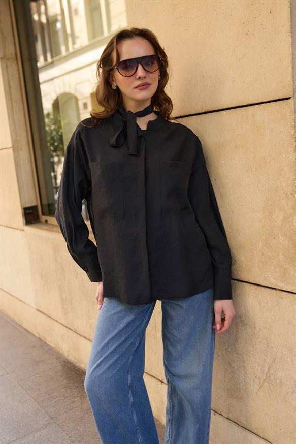 Kadın Bağcıklı Gömlek - SİYAH