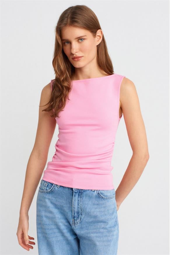 Kadın Büzgülü Kayık Yaka Top - PEMBE