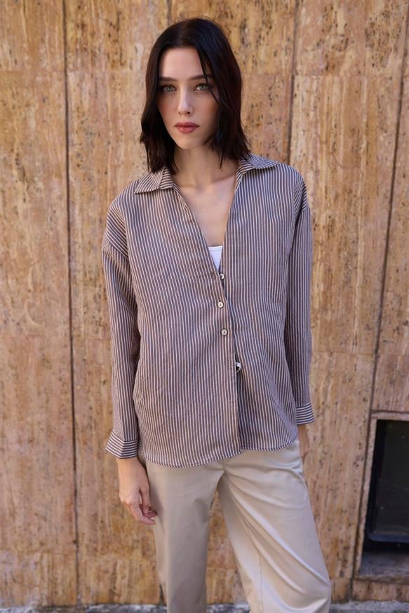 Kadın Çizgili Oversize Gömlek - KAHVE