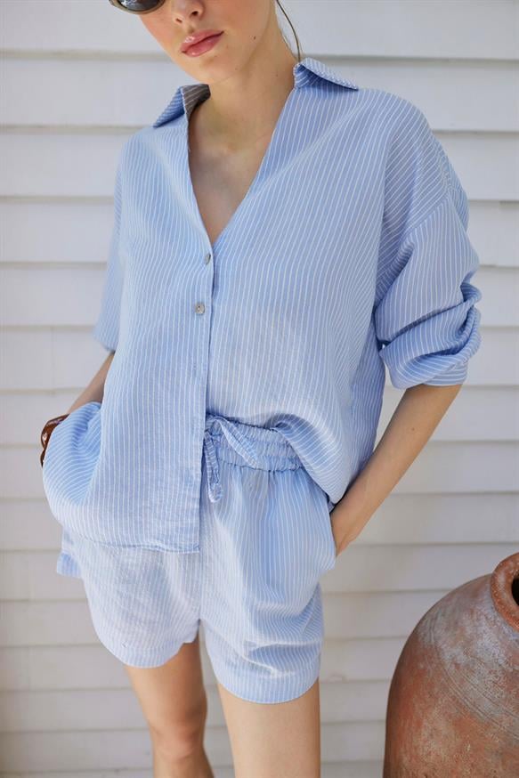 Kadın Çizgili Oversize Gömlek - MAVİ BEYAZ