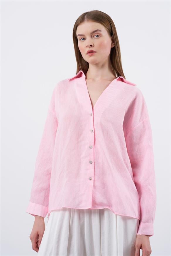 Kadın Çizgili Oversize Gömlek - PEMBE BEYAZ
