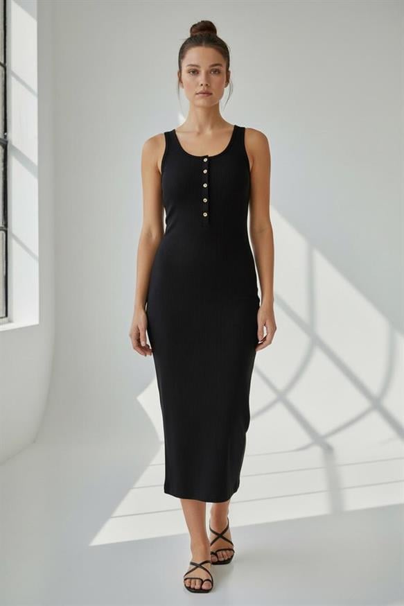 Kadın Fitilli Düğmeli Elbise - SİYAH