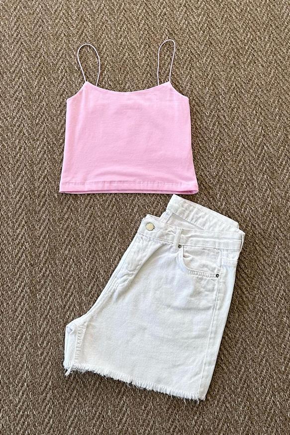 Kadın İp Askılı Kısa Crop - PEMBE