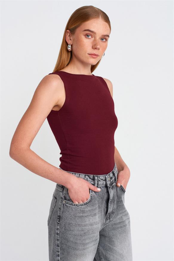 Kadın Kayık Yaka Kolsuz Crop Top - BORDO