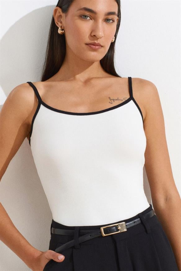 Kadın Kontrast Şeritli Askılı Top - EKRU