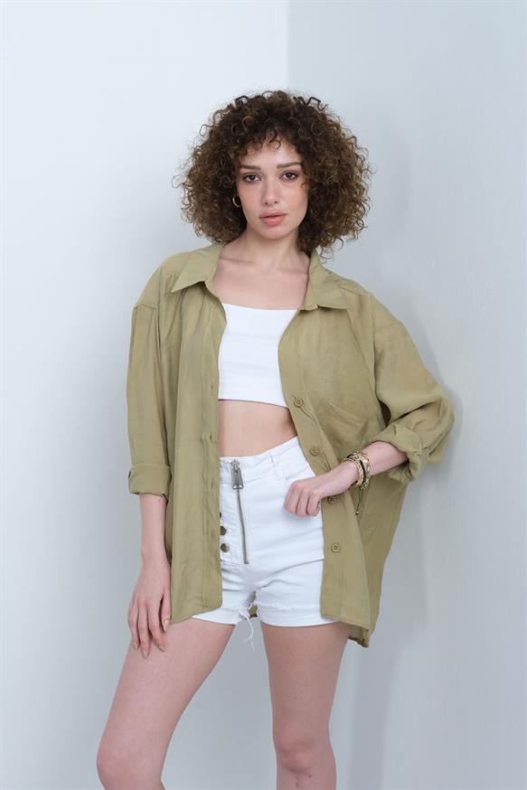 Kadın Omzu Düşük Oversize İnce Kumaş Gömlek - OLİVE