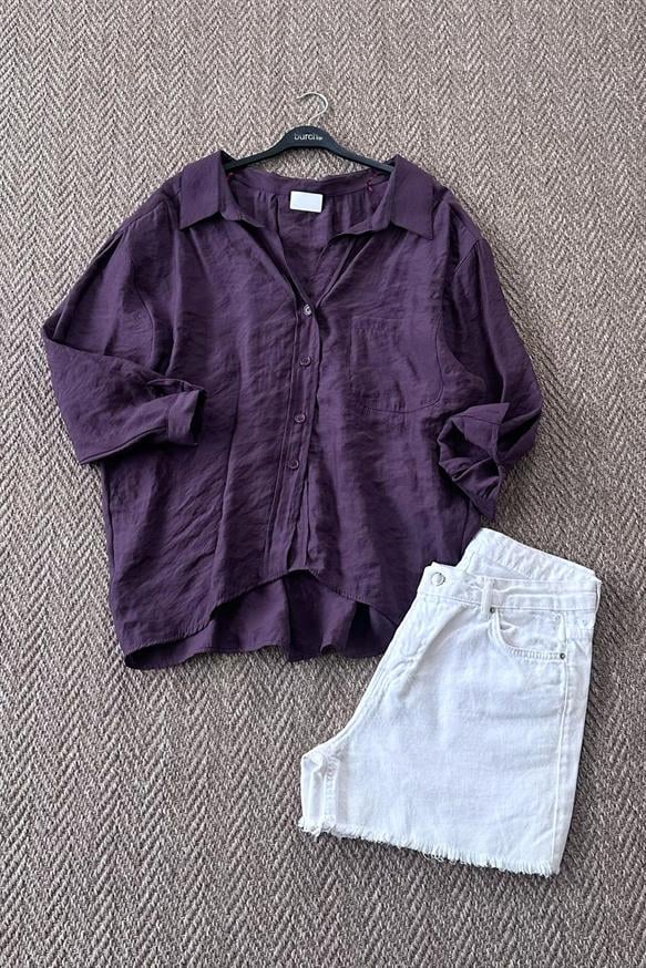 Kadın Omzu Düşük Oversize İnce Kumaş Gömlek - MÜRDÜM