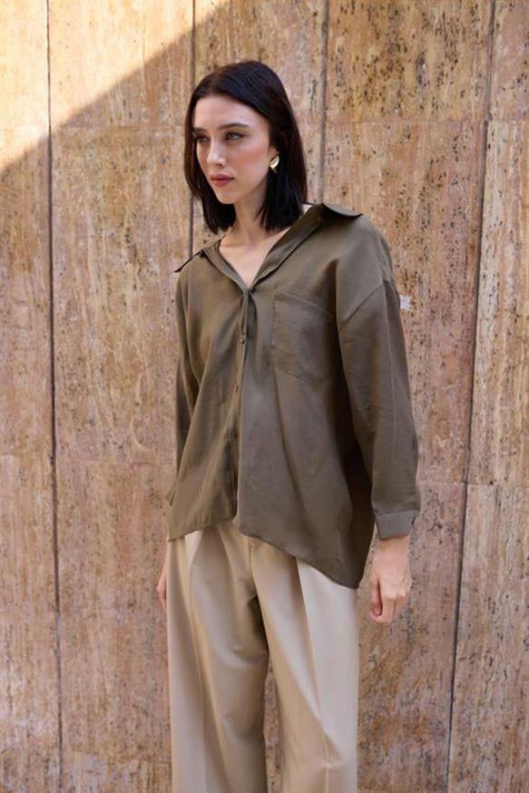 Kadın Omzu Düşük Oversize İnce Kumaş Gömlek - HAKİ
