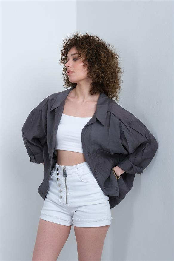 Kadın Omzu Düşük Oversize İnce Kumaş Gömlek - ANTRESİT