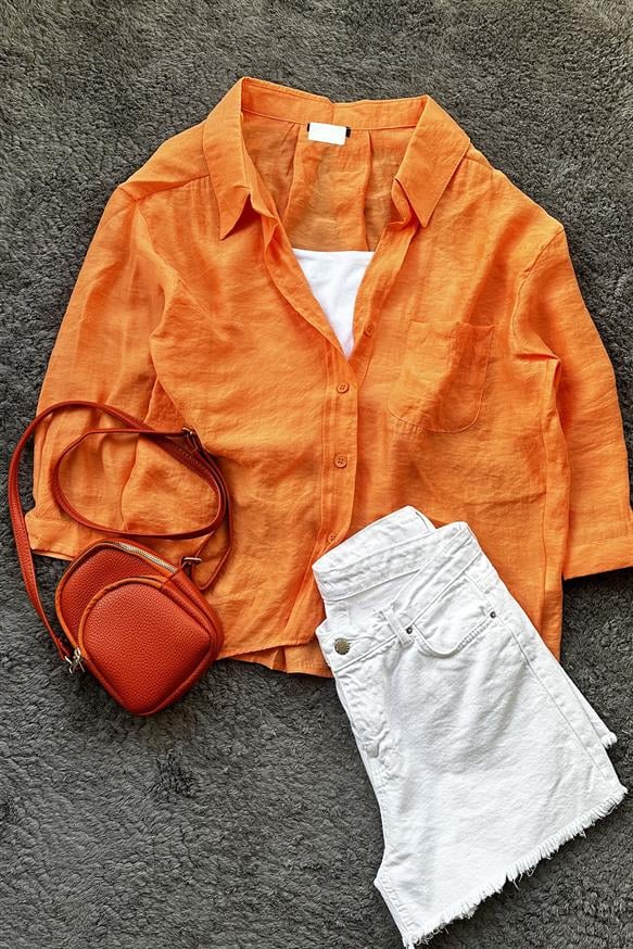 Kadın Omzu Düşük Oversize İnce Kumaş Gömlek - ORANJ
