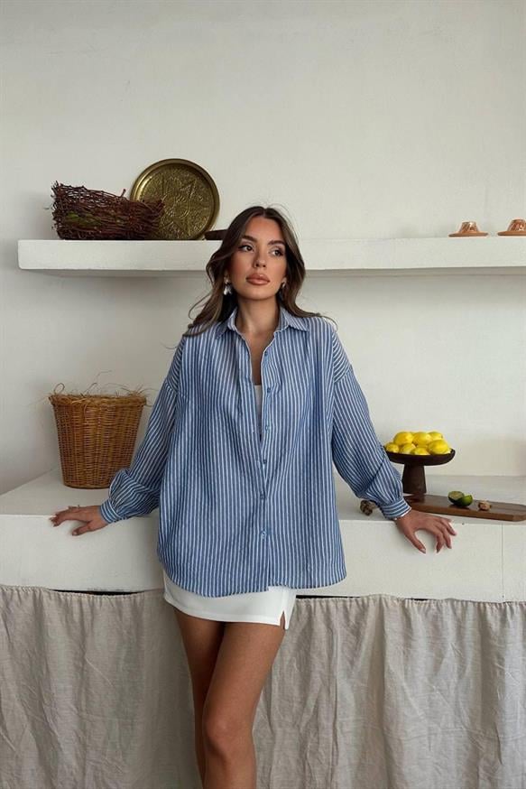 Kadın Oversize Çizgili Cepsiz Gömlek - LACİVERT