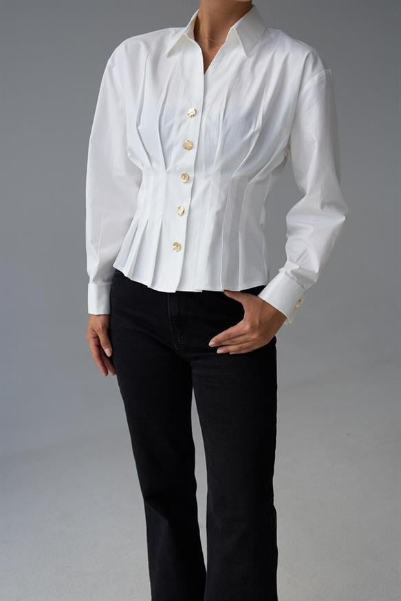 Kadın Pileli Düğmeli Gömlek - EKRU