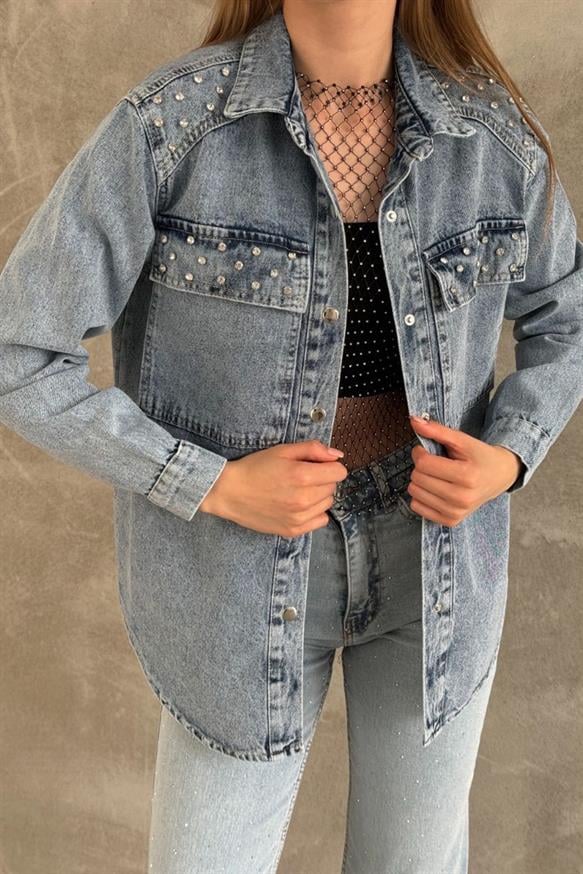 Kadın Taş İşlemeli Kot Gömlek - AÇIK KAR YIKAMA