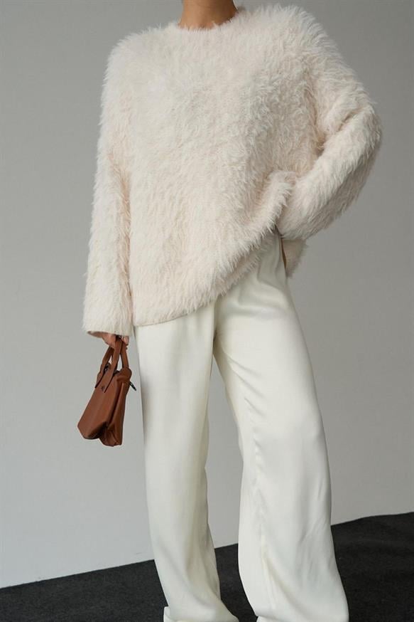 Kadın Tüylü Basic Kazak - KREM