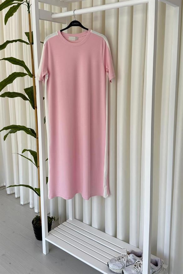 Kadın Yanları Şeritli Modal Uzun Elbise - PEMBE