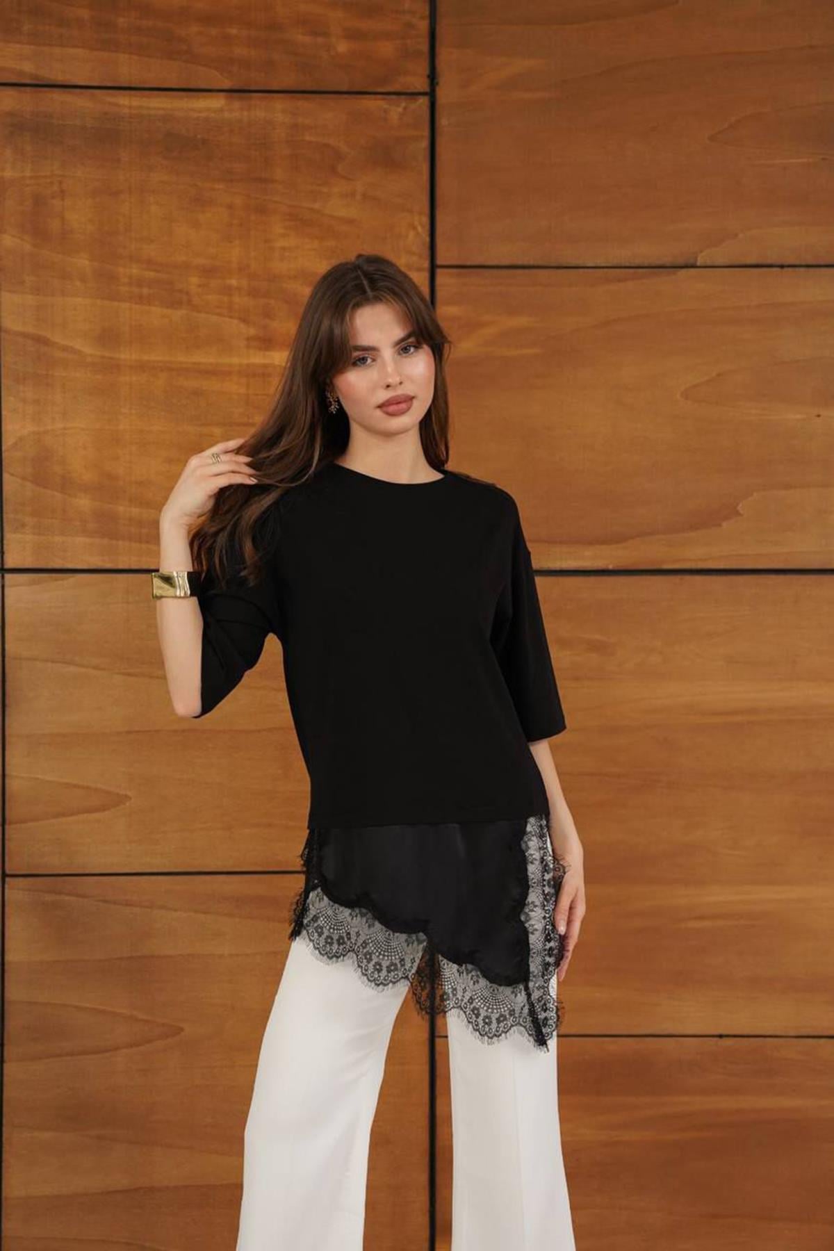 Kadın Altı Asimetrik Dantel Detaylı Tshirt - SİYAH