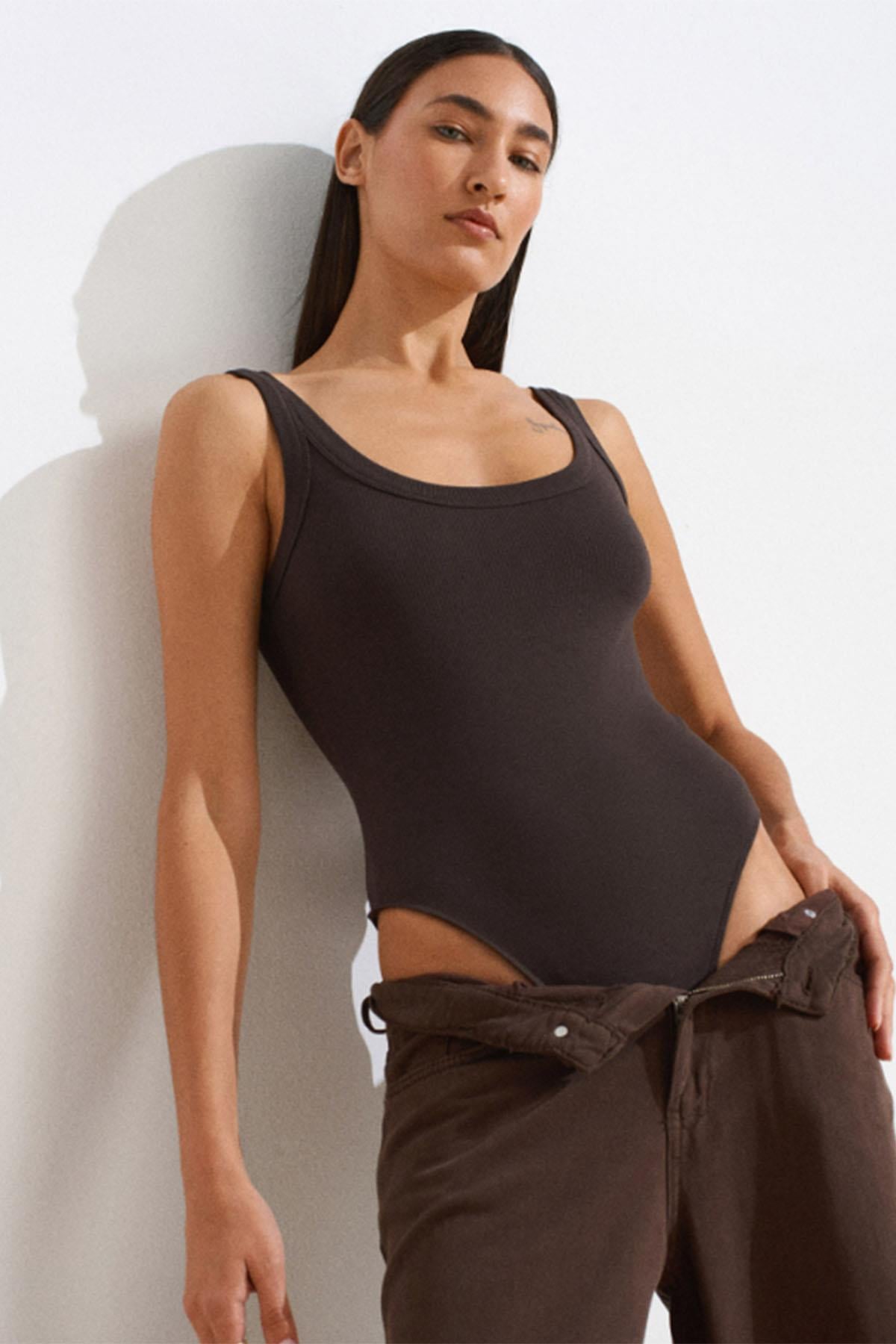 Kadın Askılı Bodysuit - KOYU KAHVE