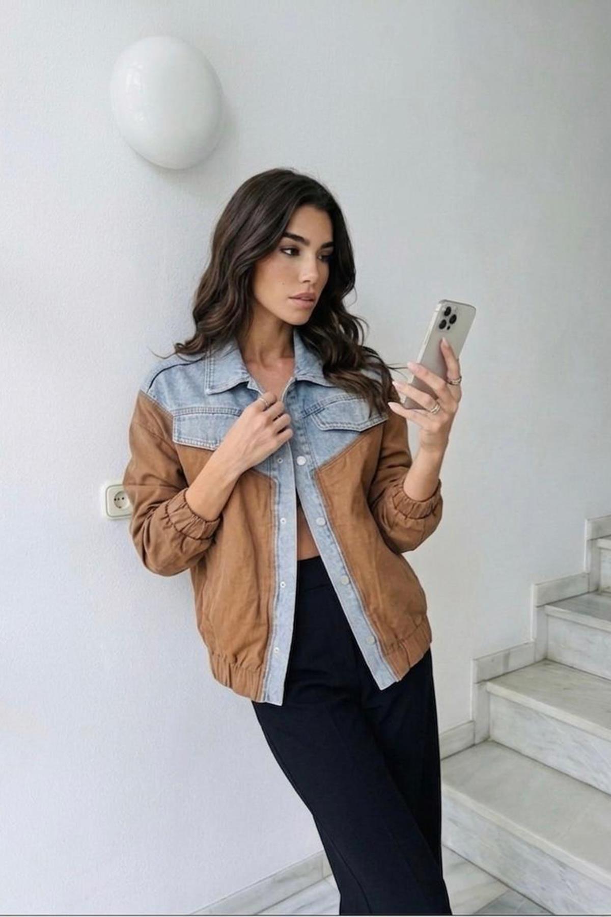 Kadın Baharlık Kot Garnili Mont Ceket - KAR YIKAMA