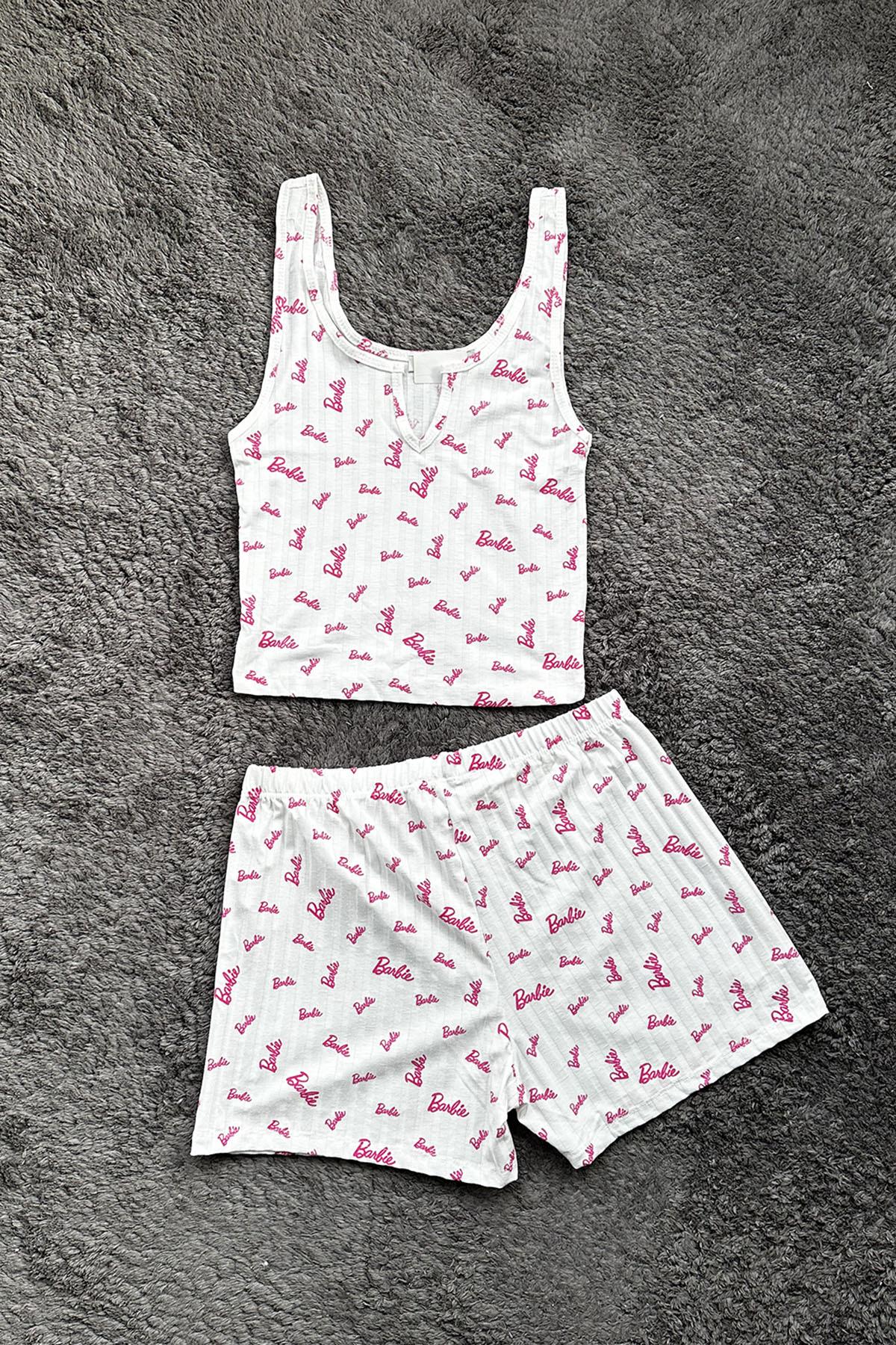 Kadın Barbie Yazılı Şortlu Pijama Takımı - BEYAZ