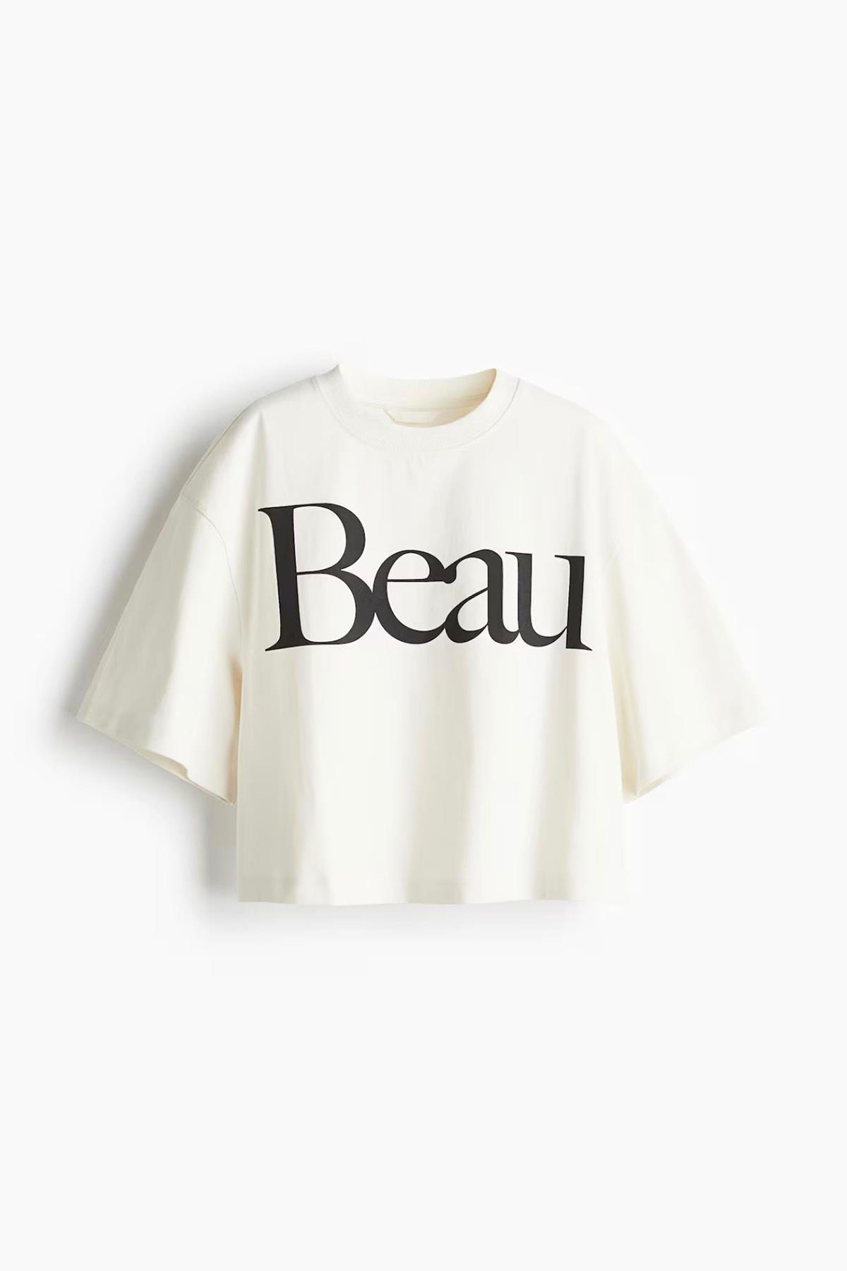 Kadın Beau Yazı Baskılı Tshirt - EKRU
