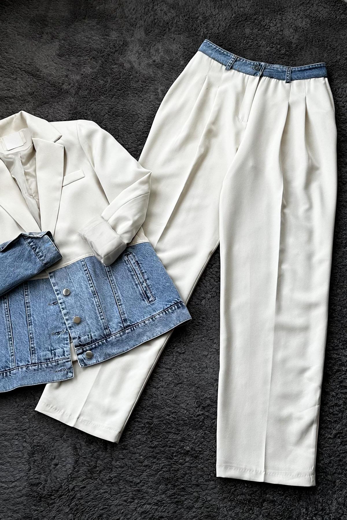 Kadın Beli Denim Bol Paça Palazzo Pantolon - TAŞ