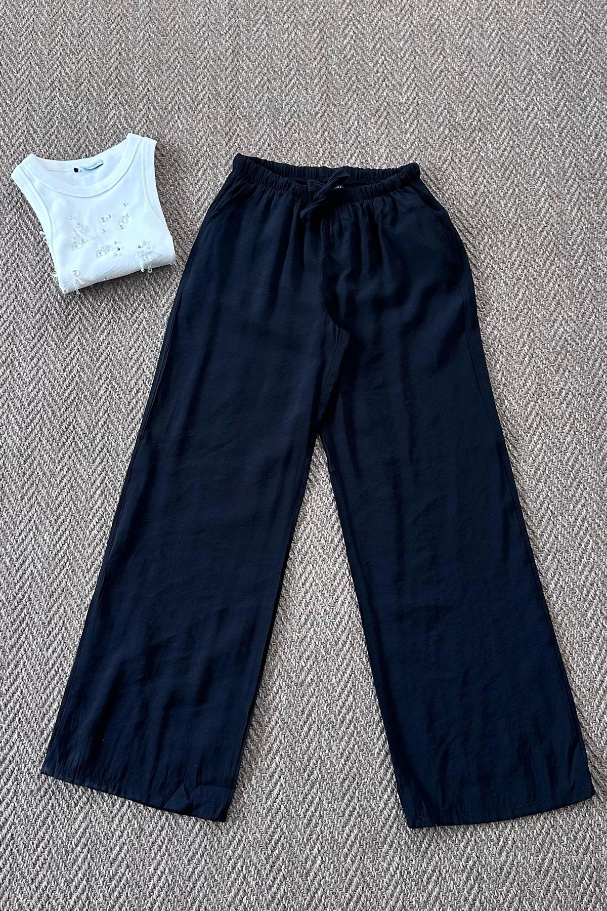 Kadın Beli Lastikli Bağcıklı Bol Paça Pantolon - SİYAH