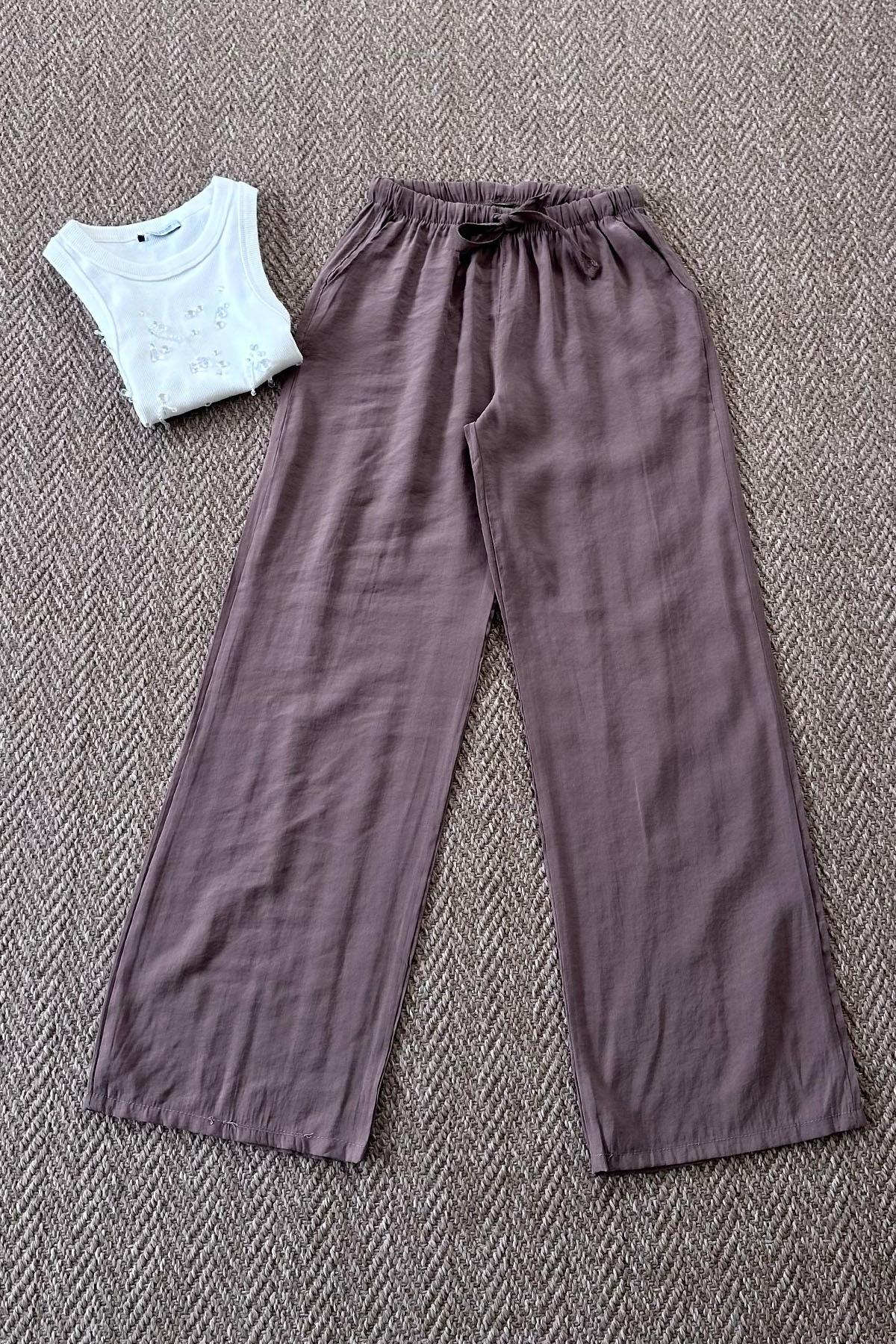 Kadın Beli Lastikli Bağcıklı Bol Paça Pantolon - VİZON