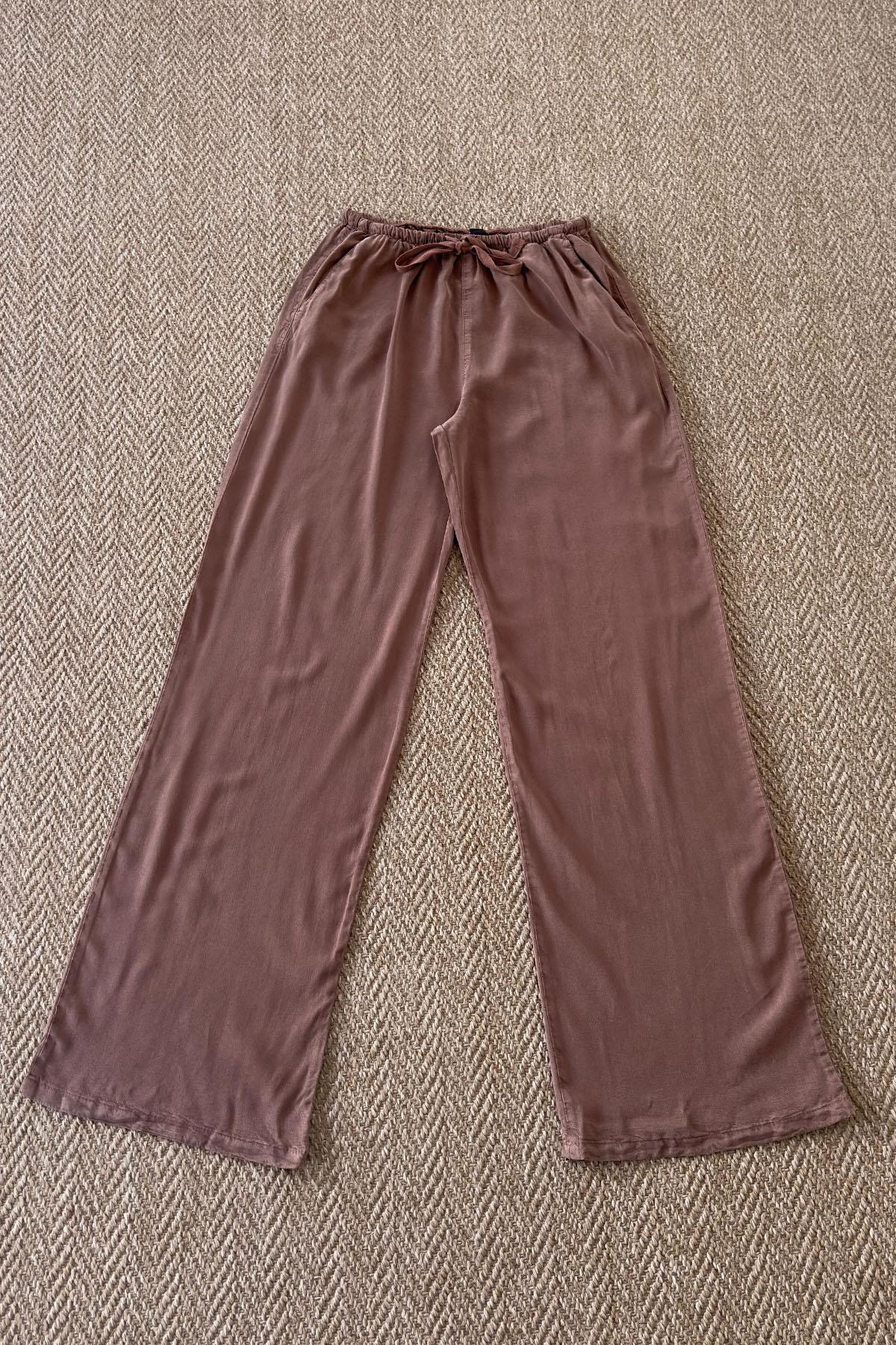 Kadın Beli Lastikli Bağcıklı Bol Paça Pantolon - KAHVE