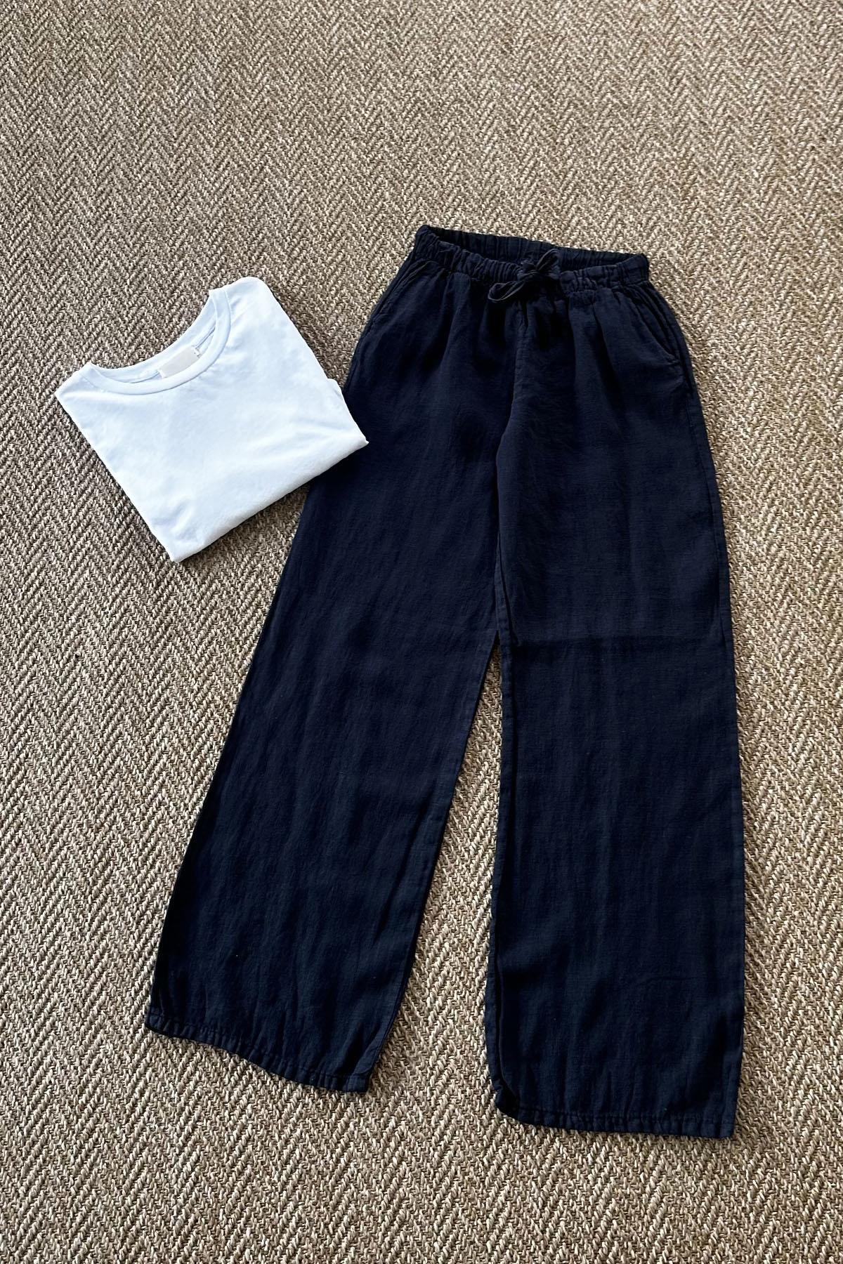 Kadın Beli Lastikli Bağcıklı Bol Paça Keten Pantolon - LACİVERT