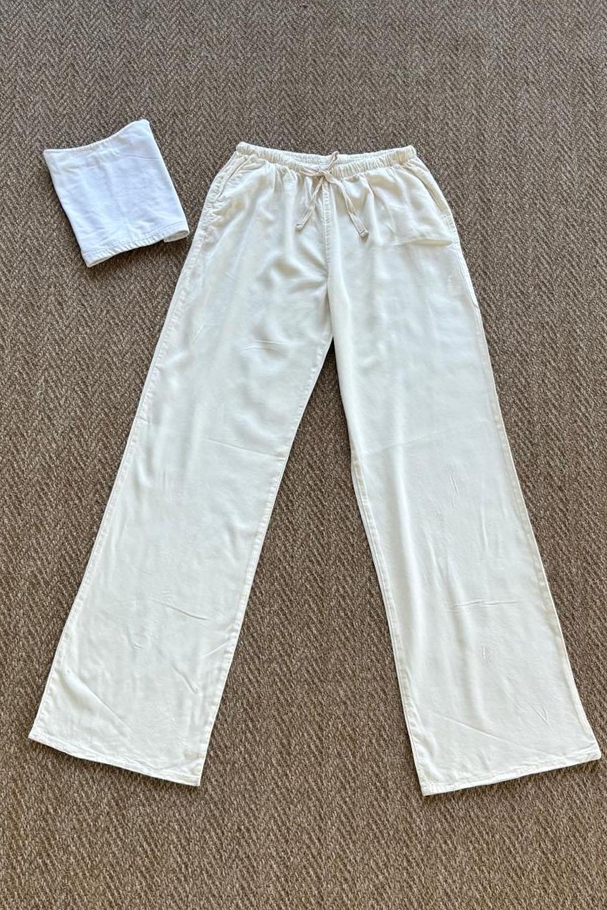 Kadın Beli Lastikli Bağcıklı Bol Paça Pantolon - EKRU