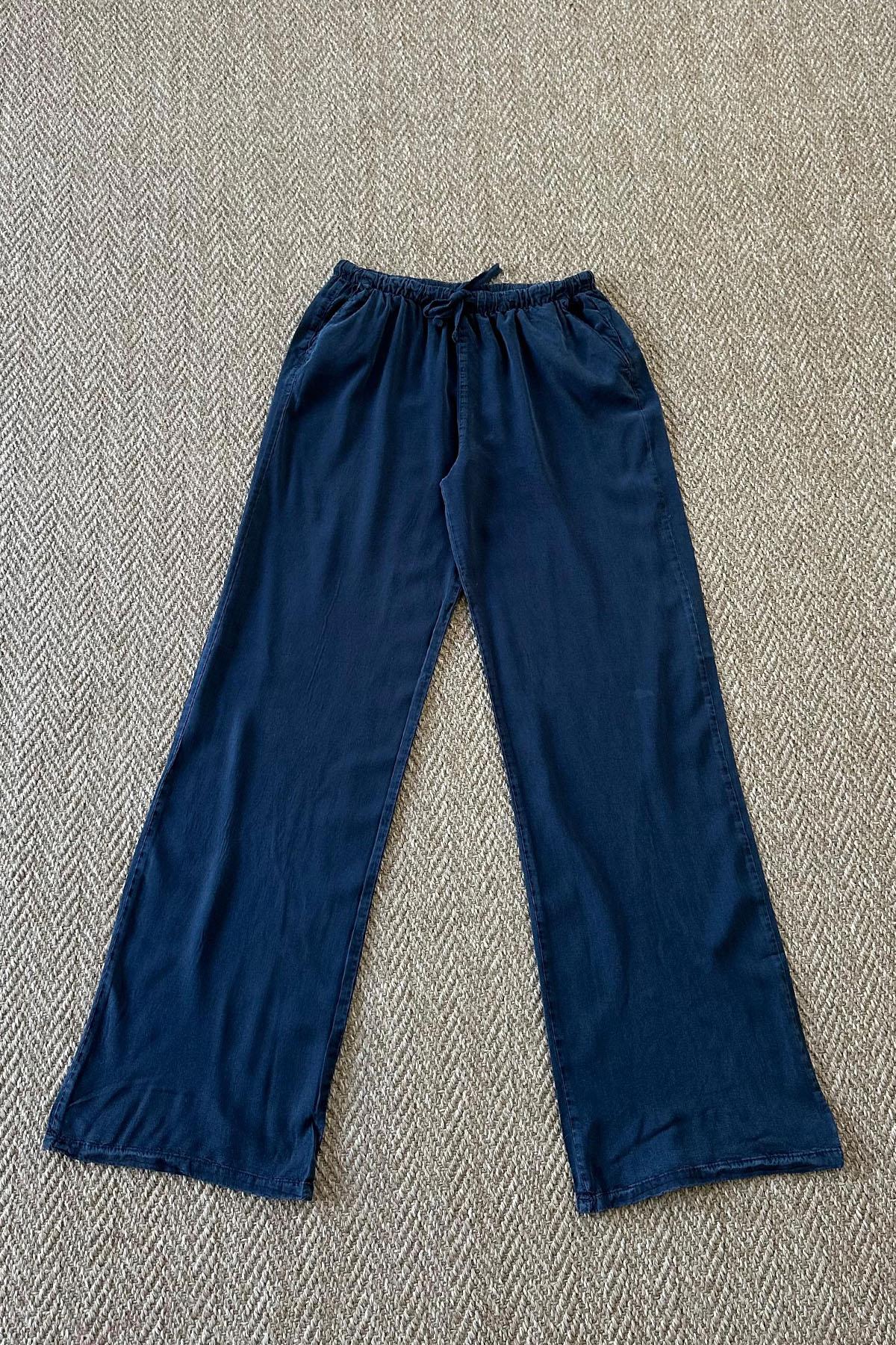 Kadın Beli Lastikli Bağcıklı Bol Paça Pantolon - LACİVERT