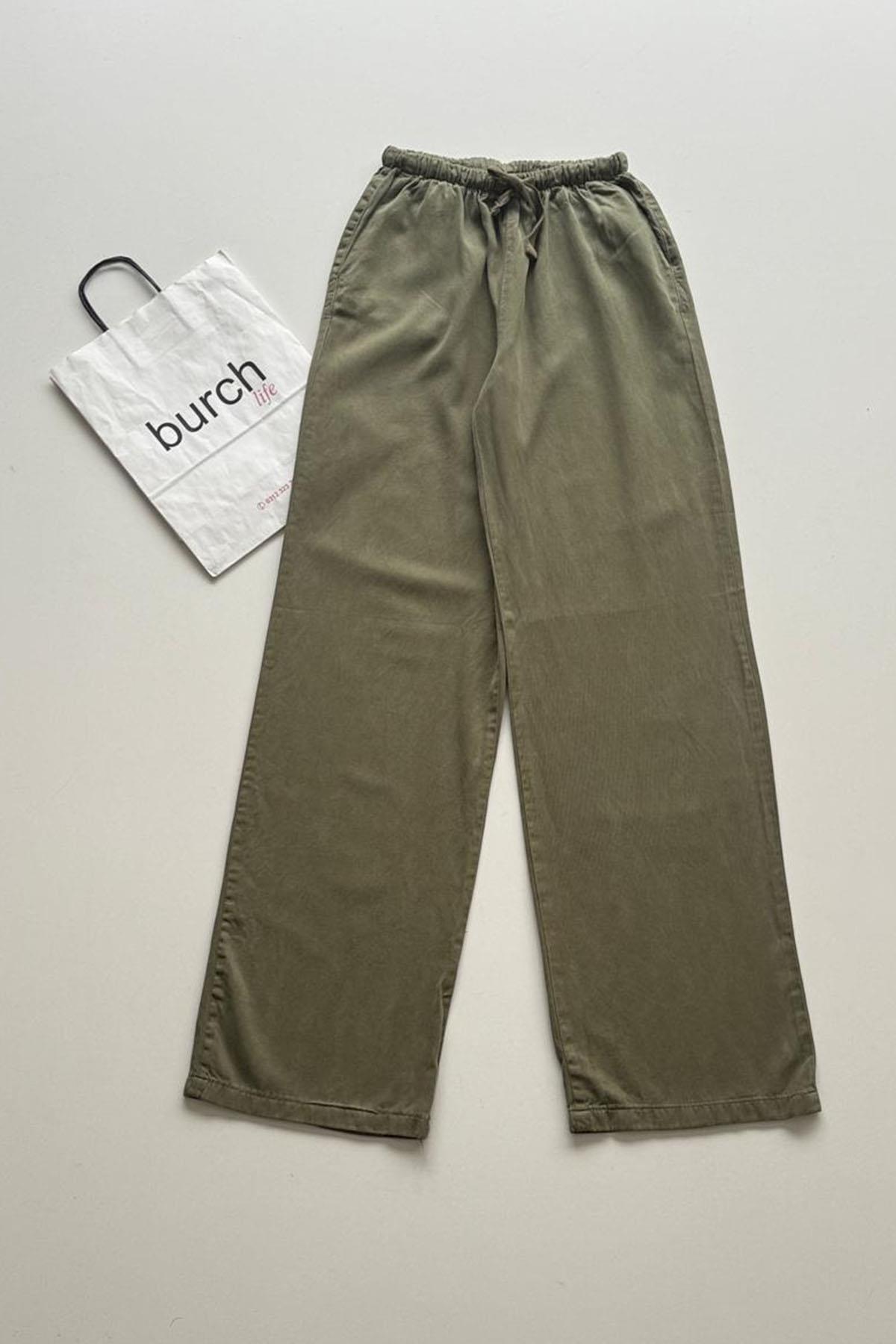Kadın Beli Lastikli Bol Paça Pantolon - HAKİ