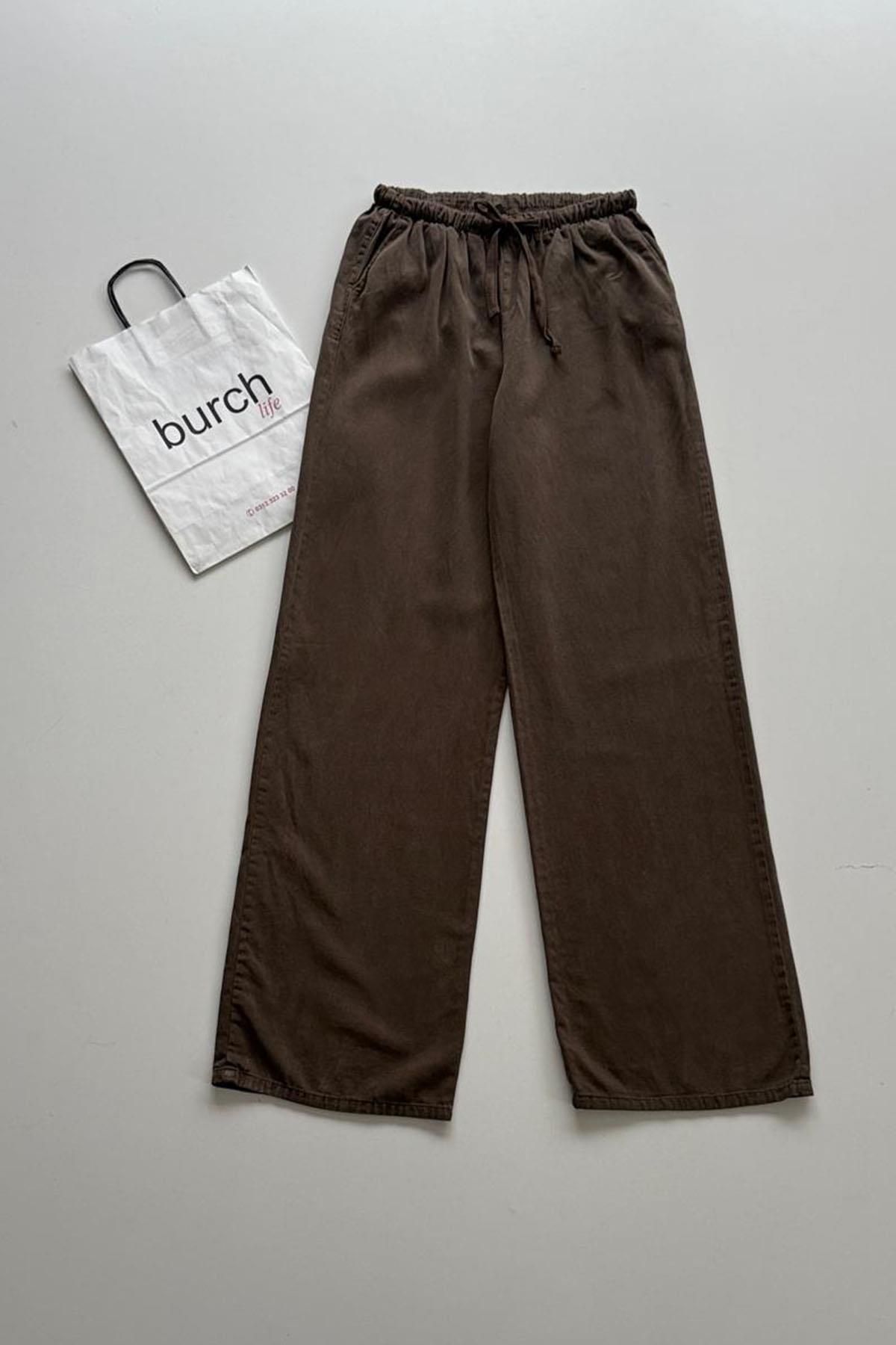 Kadın Beli Lastikli Bol Paça Pantolon - KAHVE