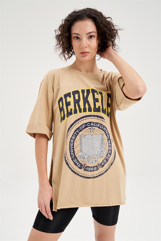 KADIN BERKELEY YAZILI DUBLE KOL YANI YIRTMAÇLI TSHIRT