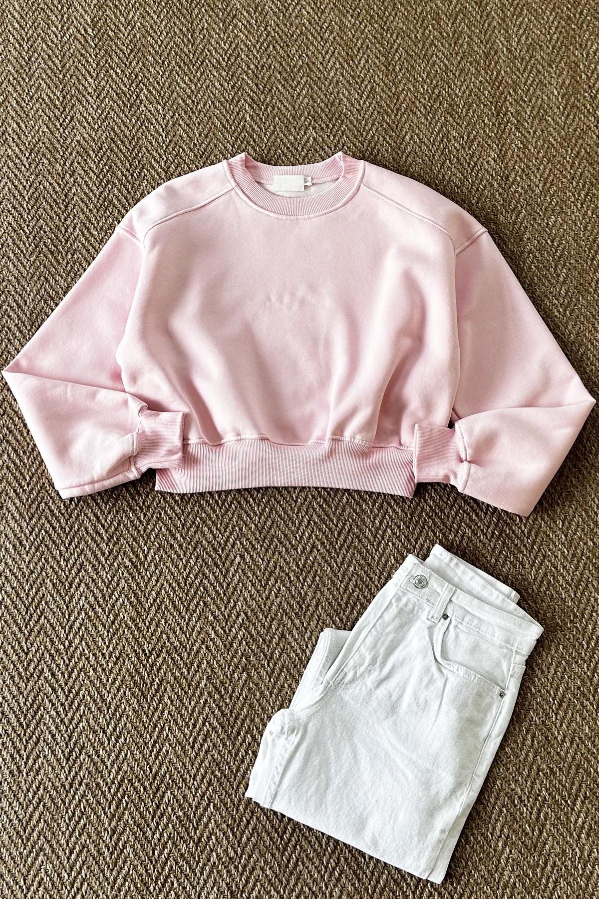 Kadın Bisiklet Yaka Basic Crop Sweatshirt - PEMBE