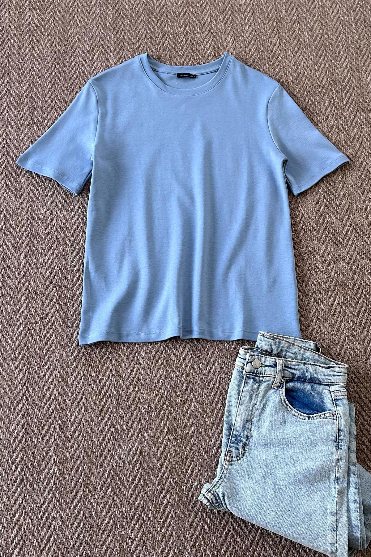 Kadın Bisiklet Yaka Kısa Kol Basic Tshirt - MAVİ