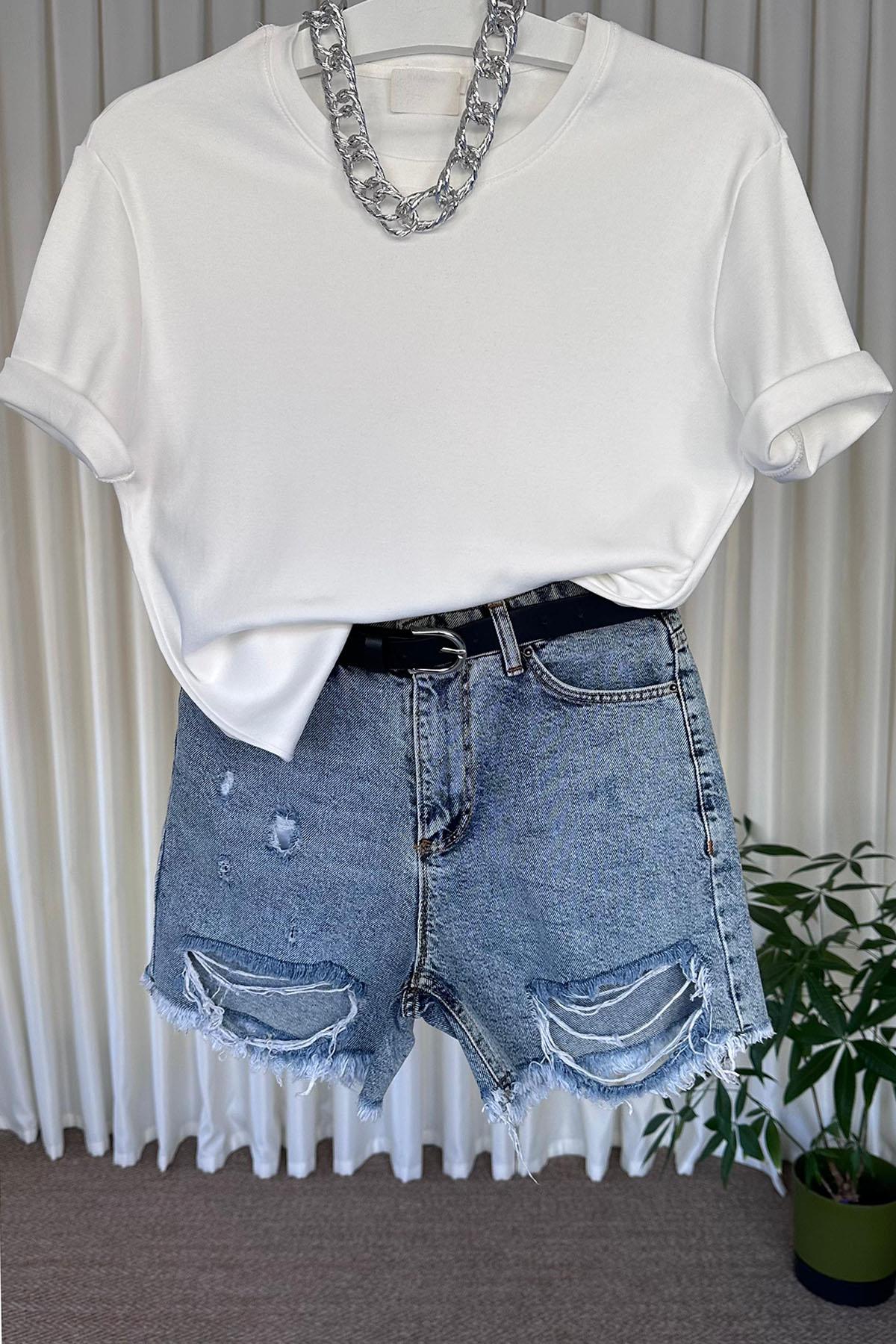 Kadın Bisilet Yaka Kısa Kol Basic Tshirt - EKRU