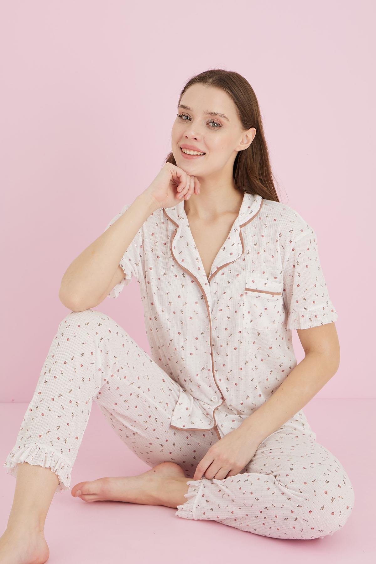 Kadın Biyeli Düğmeli Beyaz Pijama Takımı - BEYAZ