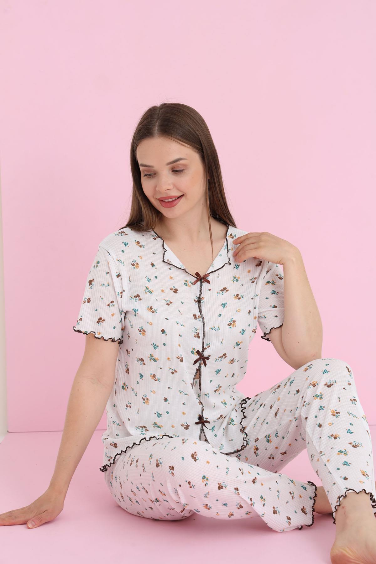 Kadın Biyeli Kurdele Detaylı Beyaz Pijama Takımı - BEYAZ