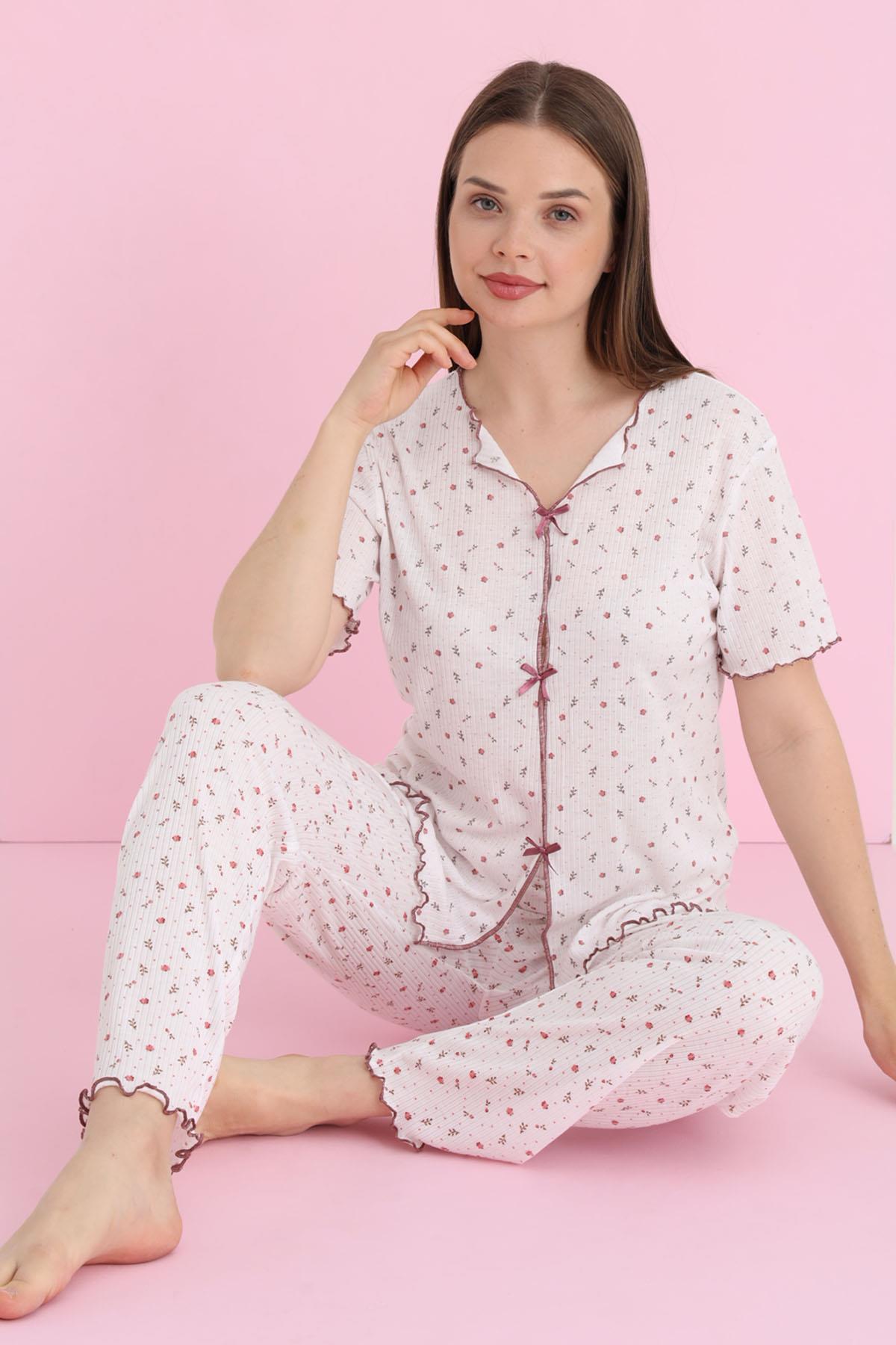 Kadın Biyeli Kurdele Detaylı Ekru Pijama Takımı - EKRU