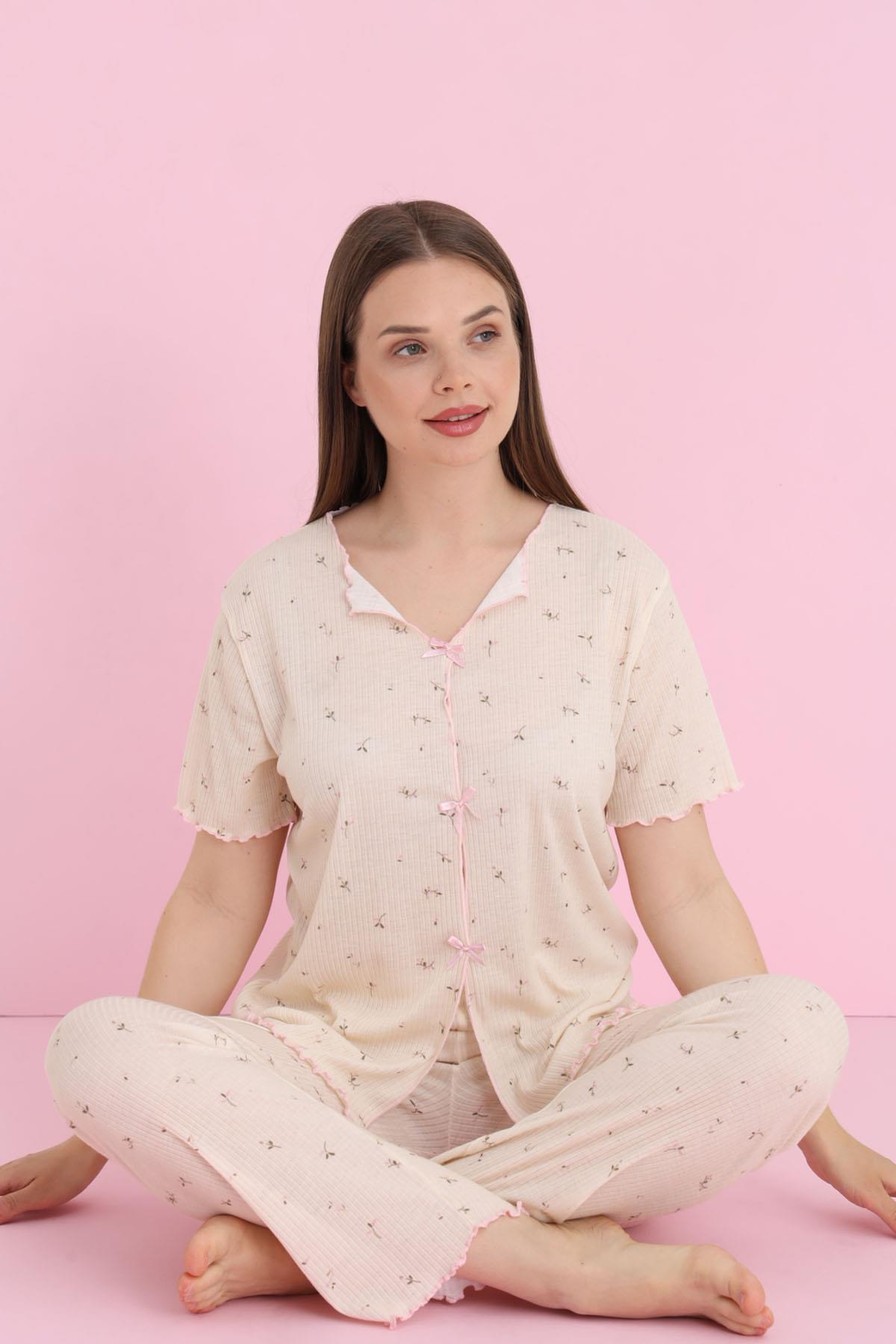 Kadın Biyeli Kurdele Detaylı Pudra Pijama Takımı - PUDRA