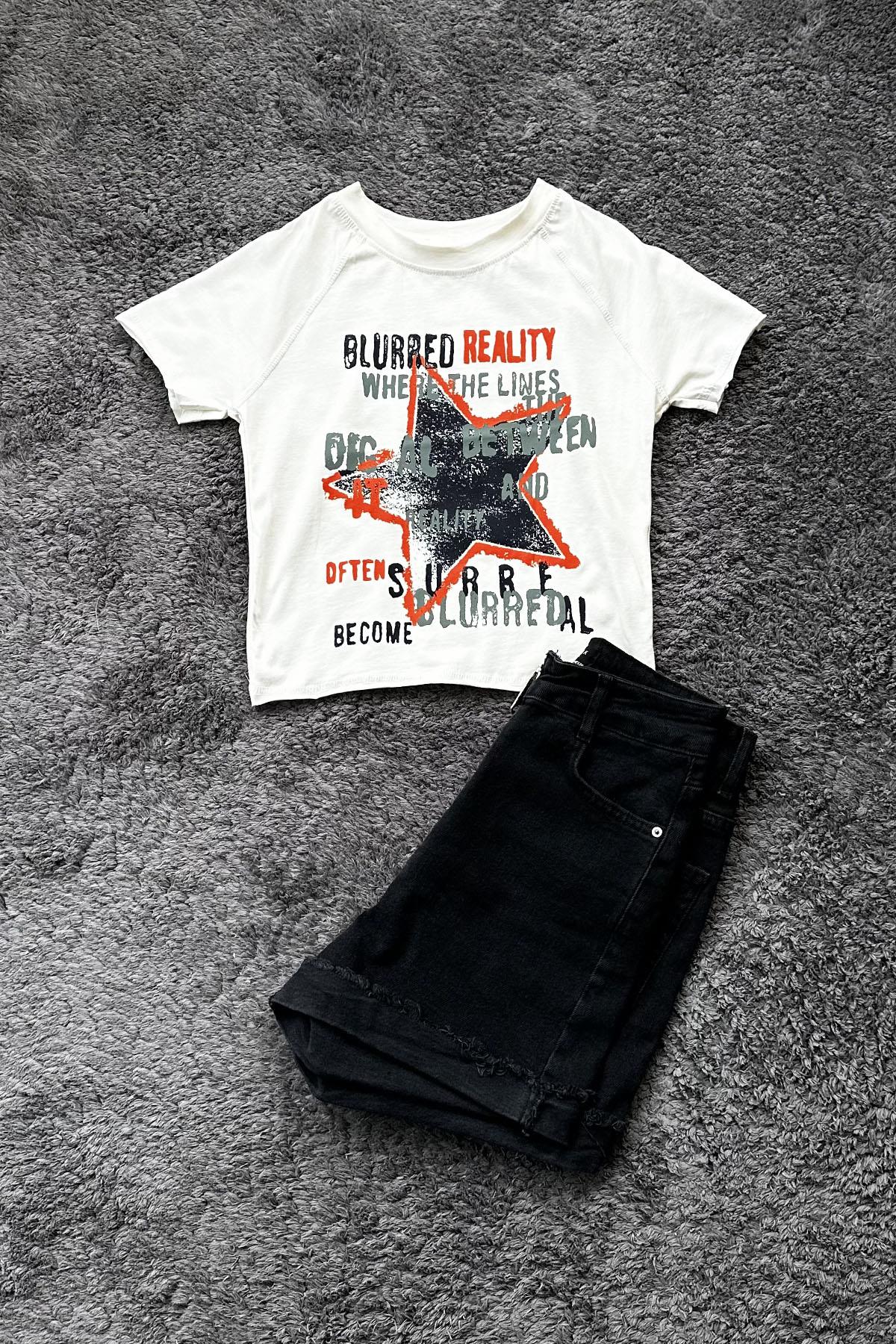 Kadın Blured Reality Baskılı Crop Tshirt - KREM