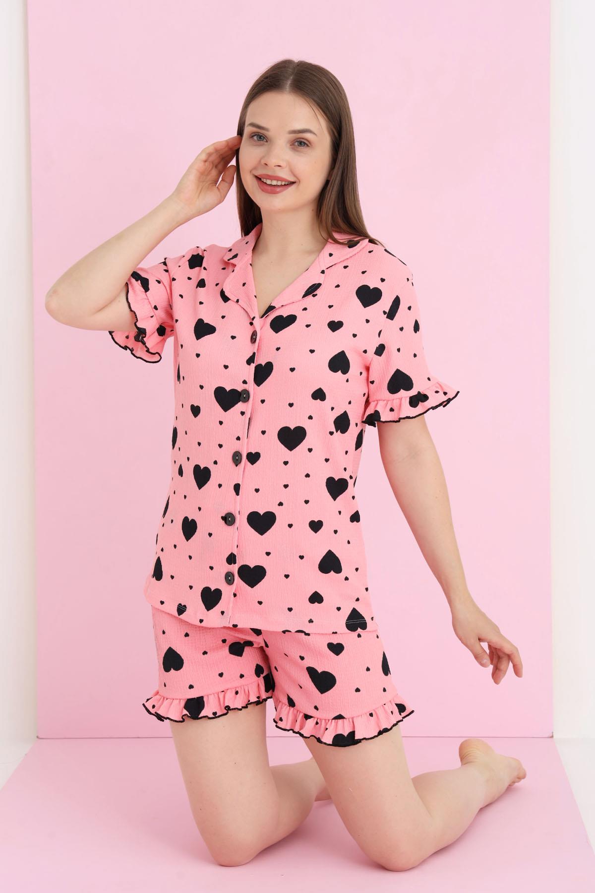Kadın Bürümcük Kalp Desenli Düğmeli Fuşya Şort Pijama Takım - FUSYA