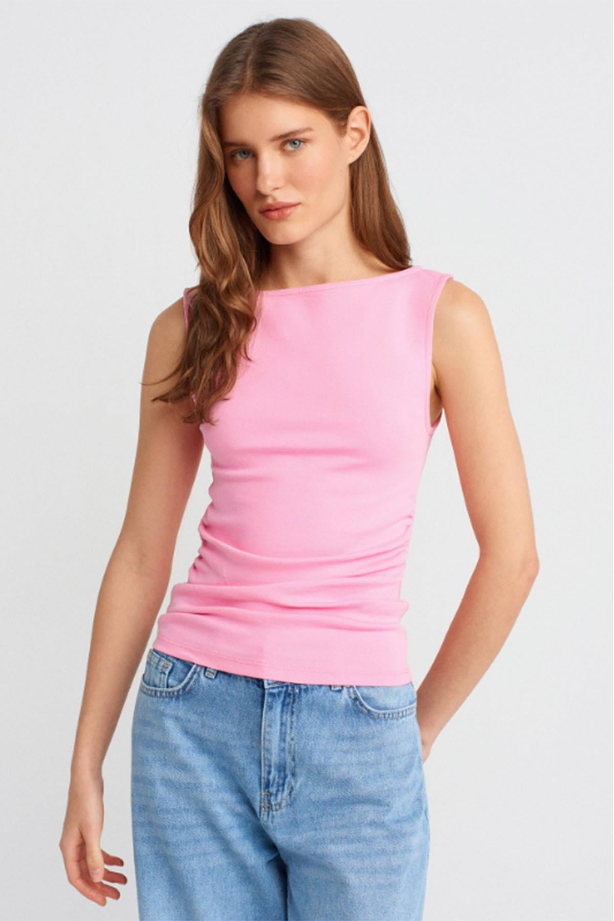 Kadın Büzgülü Kayık Yaka Top - PEMBE