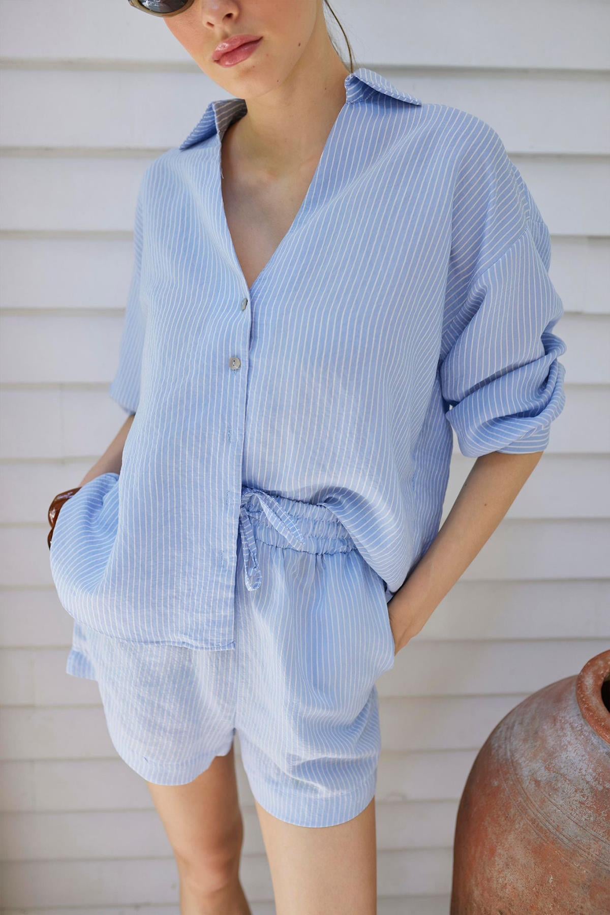 Kadın Çizgili Oversize Gömlek - MAVİ BEYAZ