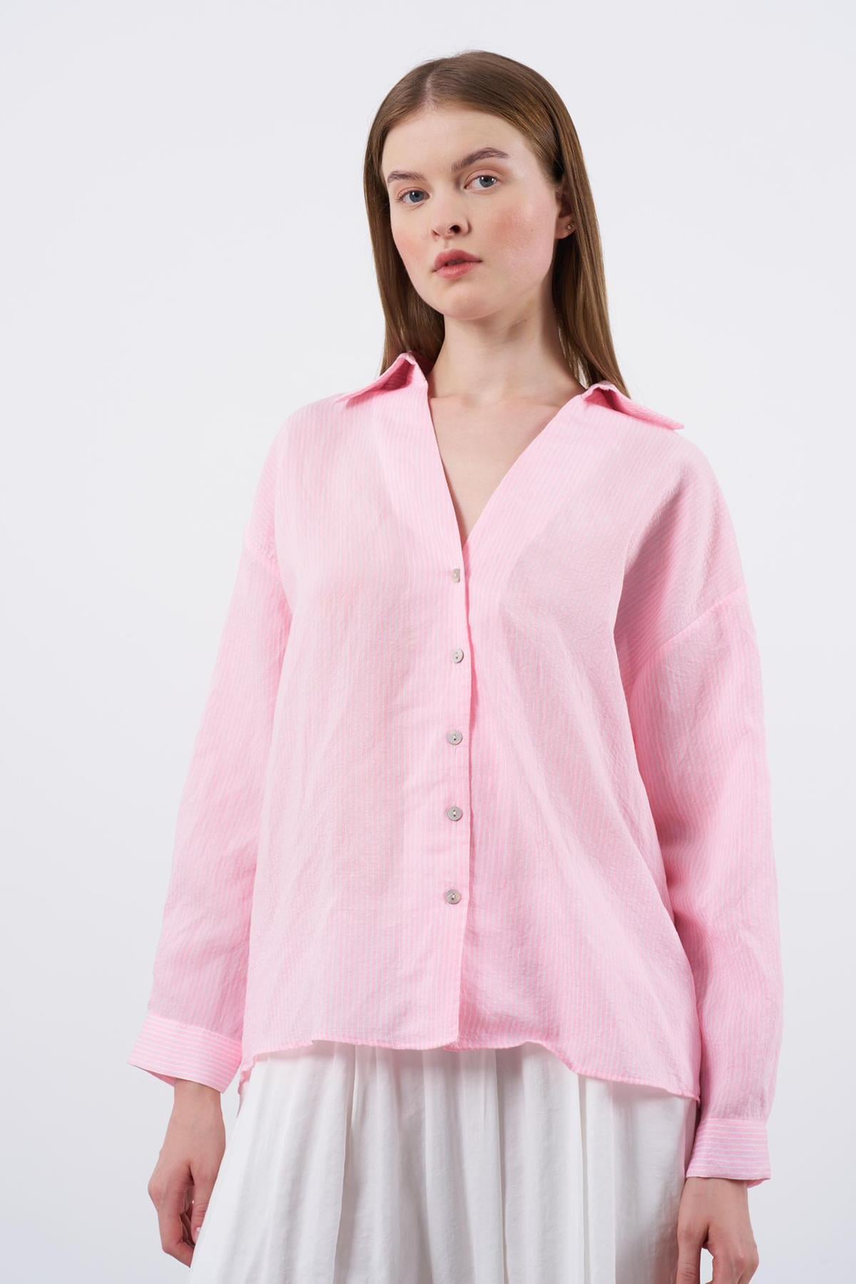 Kadın Çizgili Oversize Gömlek - PEMBE BEYAZ