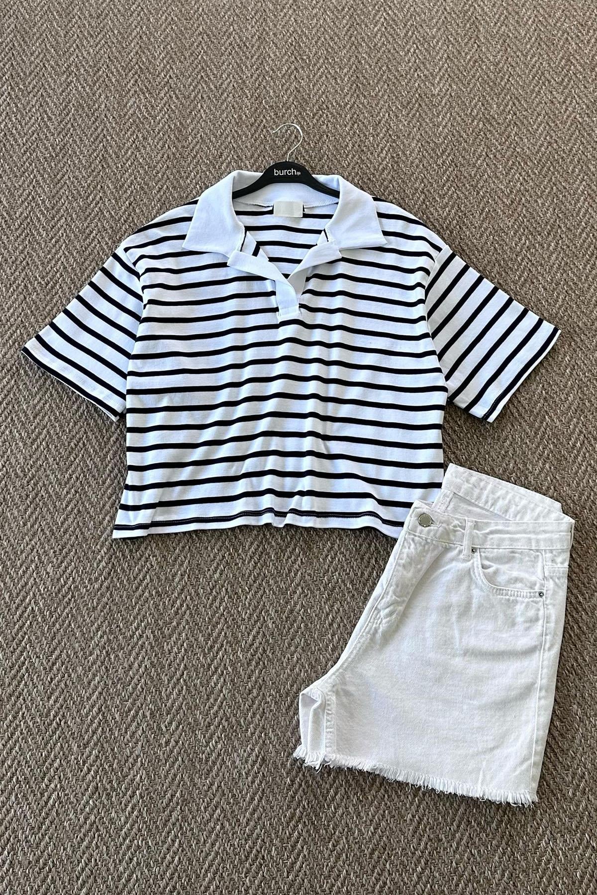 Kadın Çizgili Polo Yaka Tshirt - SİYAH